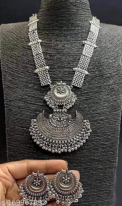 BTC-Afghani-Oxidised-Silver-Jewellery-Stylish-Antique-Long-Necklace-Set-With-Earrings-For-Women's-And-Girl's