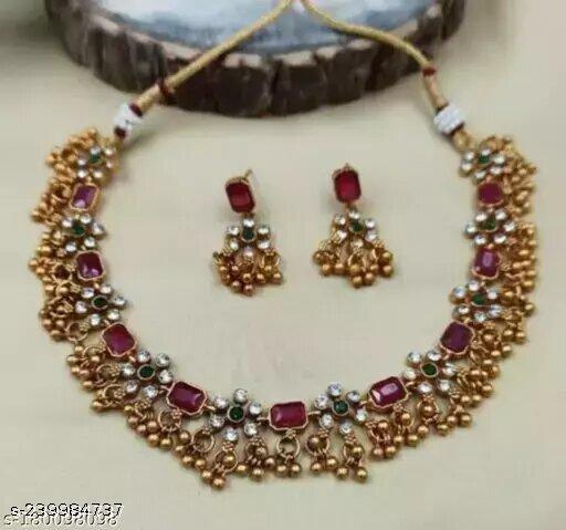 Traditional-Gold-Platted-Matt-Finish-Necklace-Jewellery-Set-Along-With-Golden-Pearls-(Drops)-Paired-With-Earrings-For-Women-And-Girls.