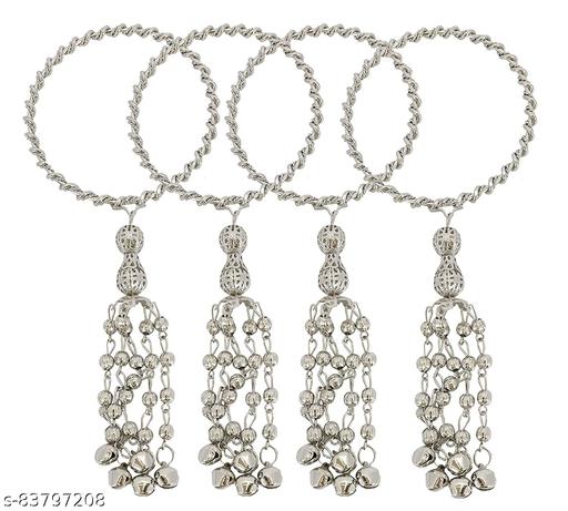 NMII Non-Precious Metal Base Metal with Curved Shaped and Bracelet Bells Hook Latkan Bangle Set For Women and Girls,(Silver), A Pair of 4 Bangle set