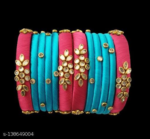 Ijya Jewels Silk Thread Bangles Kada For Women Girls 12 Pc Set Wedding & Festive Occassion Hnadmade Multicoloured Chura Chuda (Skyblue-Dark Pink)