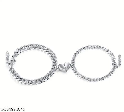 2pcs Stainless Steel Chain Couple Bracelet Heart Key Magnet Buckle Bracelet Trendy Street Men's And Women's Hand Jewelry For Lover Friends