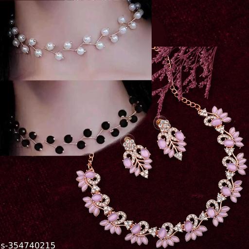 SIRAAZ-Pearl-Minimal-Necklace-and-American-Diamond-Combo,-Featuring-3-Gold-Plated-Necklaces-Designed-for-Women-and-Girls