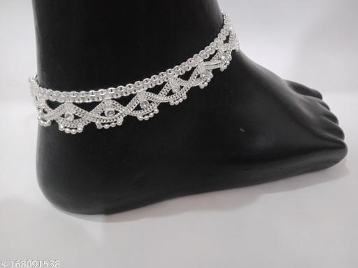 Cross Frill Silver Platted Ball White Stone Anklets in Matt Finish Look for Women & Girls in 10.5" Inches Standard Size.