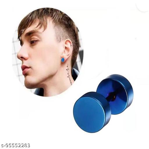 Love And Promise Round Barbell Dumbell Steel Blue Earrings Stud Bali For Boys & Girls