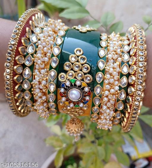 Plastic Gold Plated and Cubic Zirconia Chuda Bangles Set for Women & Girls | Rajasthani Rajputi Handcrafted Bridal Bangles