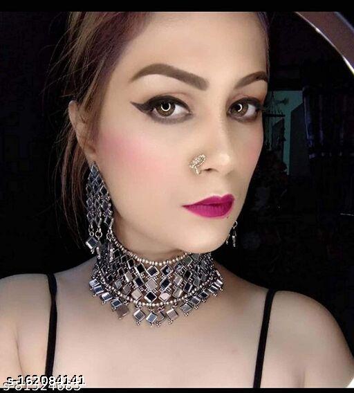 mirror-choker-with-earing-silver-oxidized-set-with-mirror-style-pack-of-1