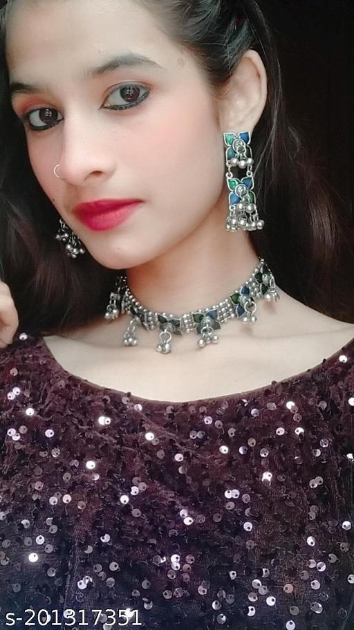 YachikaCollections-Oxidized-Choker-Necklace-with-Green-&-Blue-Color-Filled,-Indian-Bridal-Party-wear-Necklace,-Wedding-wear,-Party-Wear-gift