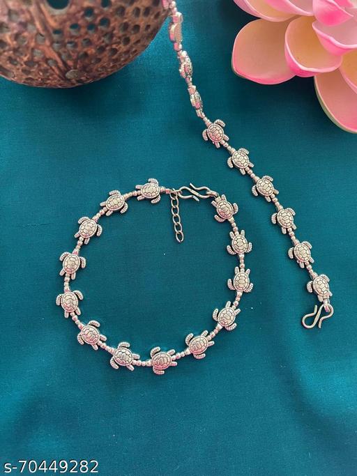 Set of 2 Silver Payal for Women Tortoise Designs Turtle designs oxidised anklet designs nazarbattu gold anklets thread anklet kolusu black anklets modern trendy simple anklet silver (11 inches)