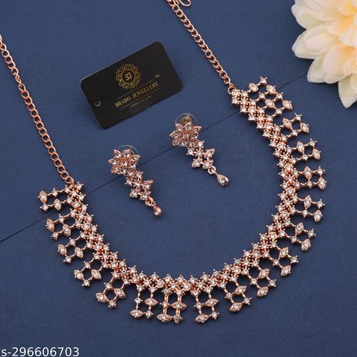 Jewellery-Pack-of-1-Rose-Gold-Plated-American-Diamond-and-Heavy-Polished-Diamond-Choker-Necklace-set-with-1-Pair-of-Earrings-Jewellery-Set