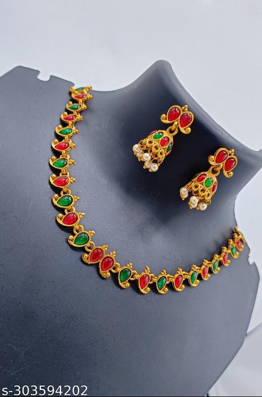 Green-&-Pink-Stones-South-Indian-Style-Temple-Necklace-&-Earring-Set-For-Women