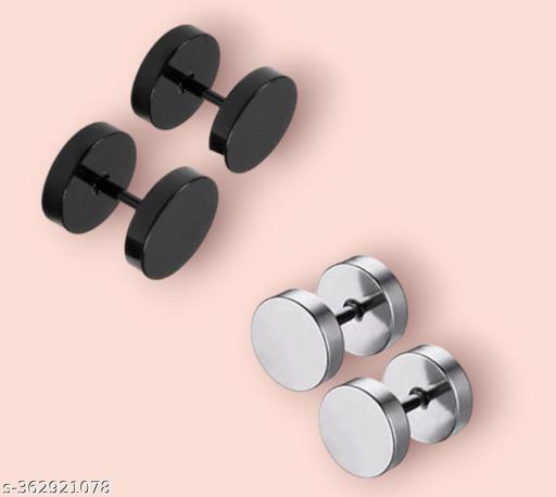 RBM 2 Pair Black & Silver studs Earring Bali Hoop Earrings For Men boys girls & Women (PACK OF 2 PAIRS COMBO)