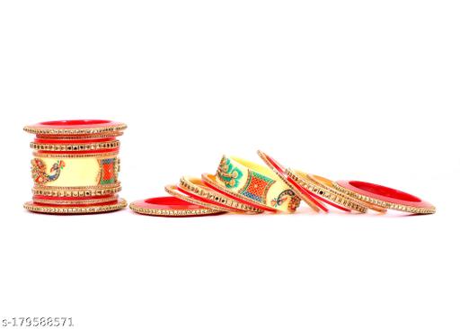 NAVMAV Traditional Bangles Bridal Chura Rajasthani Rajputi Chura Dulhan Punjabi Choora Peach Color Handcrafted Bangles Seap Acrylic Chuda Set Kangan, Chudi Kundan Kade Attractive Elegant look Bangles Set Chuda for Women & Girls 1set