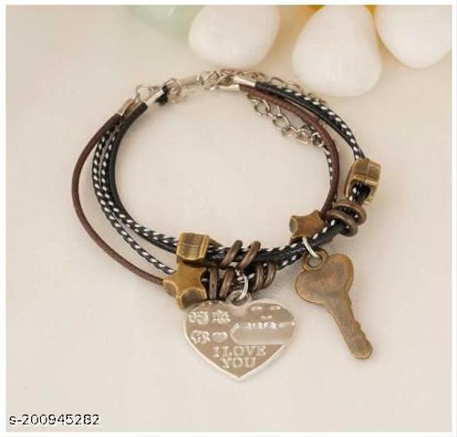 Astrodidi I Love You Heart Key Design Charm Two-Piece Leather Rope Bracelet for Boys, Girls, Friends & Couples Fashion Jewelry