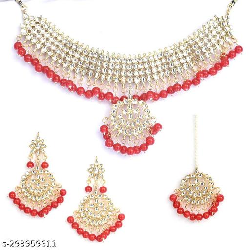 Handcrafted-Beads-Gold-Plated-Kundan-Choker-Necklace-Earring-Maangtika-Set-for-Women