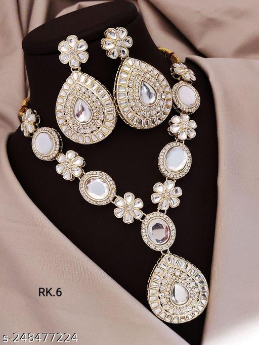 "American-Diamond-Kundan-studded-Stone-Necklace-With-Earrings-//White-Stones//Party-&-Festive//Gifts//Traditional//Necklace-With-Earrings-For-Women//-For-Girl's