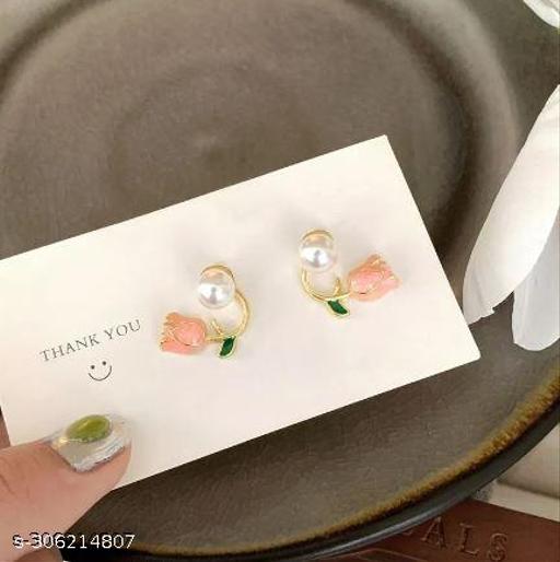 storla Luxury Pink Flower Pearl Stud Earrings For Women Korean Zircon Exquisite Earring Ear Clip Party Christmas Jewelry Gift