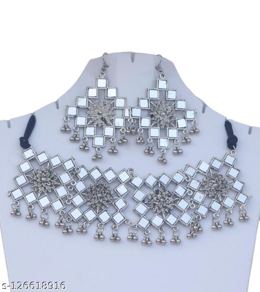 Mirror-Pattern-Oxidized-Jewellery-Set-for-Girls-and-Women.-Mirror-Pattern-Choker-with-Earrings-for-party-wear-purposes.