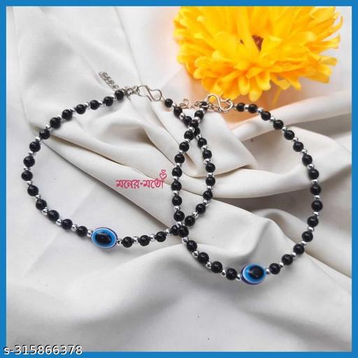 2 PCS ANKLET PAYAL SILVER AND BLACK BEADS WITH EVIL EYE POWER AND PROTECTION AGAINST EVIL SPIRITS OR BAD LUCK