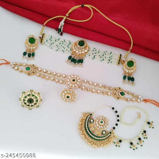 WOMEN'S-NEW-KUNDAN-MAANGTIKA-+-CHOKER-&-EARRINGS-+-NATH-+-ADJUSTABLE-RING-COMBO-JEWELLERY-SET