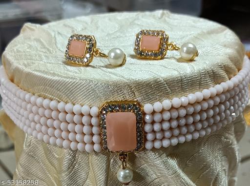 KHETLAZEE®-PEACH-COLOR-CRYSTAL-MOTI-NECKLCAE-WITH-EARRING