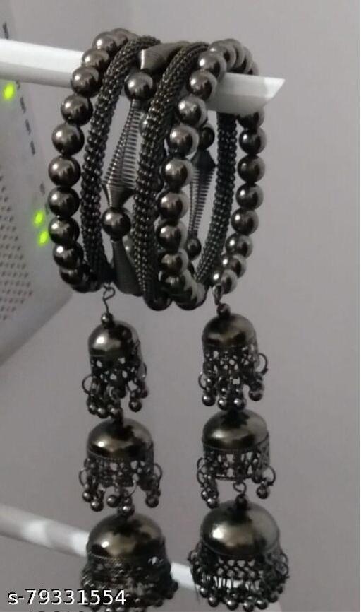 Oxidized Silver Jhumki Latkan Charms Adjustable Latest Trend Bangle Kadaa Bracelet for Girls and Women, 1 pcs