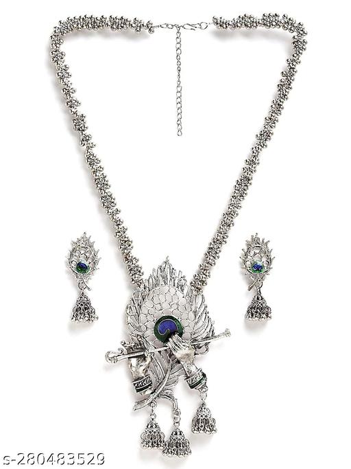 "Discover Unique Silver Oxidized Jewelry:, Necklaces, Earrings, - High-Quality, Durable, and Edgy Pieces for Women Stylish and Sophisticated: Shop Our Collection of Silver Necklaces for Women"" Krishna Pendent Necklace Jewelry Set