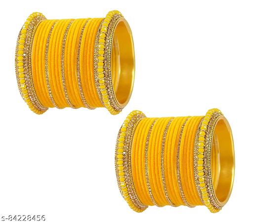 NMII Metal Base Metal and Zircon Gemstone Studded with Pearl and Velvet worked Glossy Finished Chuda Set For Women and Girls,(Yellow),Pack of 42 Bangle Set