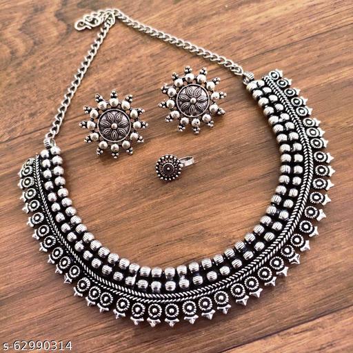 Beautiful-Silver-Oxidised-Choker-Necklace-with-Designer-Earrings-and-Elegant-Nosepin