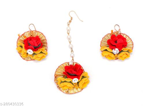 Navjai-Latest-Ethnics-Flower-Maang-tikka-&-Earring-Set-for-Wedding-Baby-Shower-Haldi-&-Mehandi-Women's-Gota-Patti-Red-&-yellow-Flower-Maang-Tikka-(Combo-Set-of-8)