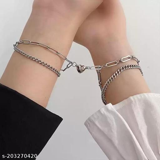 Two Layer Magnetic Heart Silver Couple Bracelet Bangle
