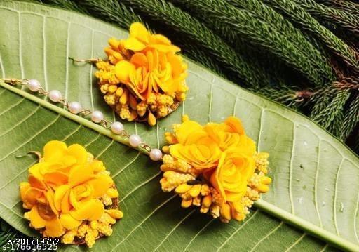 Priya-Impex-Ethnic-Flower-Gotta-Patti-Earrings-and-Maang-Tikka-for-Haldi,-Mehandi,-Baby-Shower,-Engagement,-Wedding-for-Women-Girls-Yellow