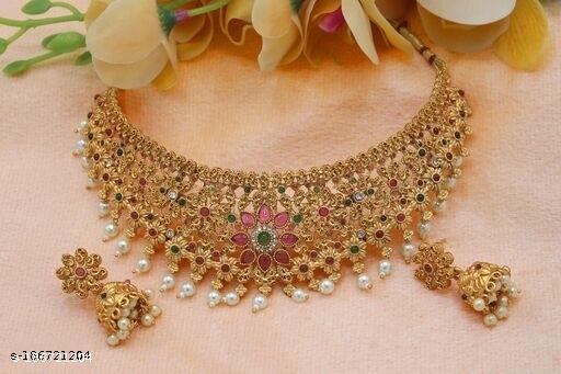 KHETLAZEE-MATT-GOLD-PLATED-NECKLACE-WITH-EARRINGS-AND-MAANG-TIKKA-FOR-GIRLS-AND-WOMEN