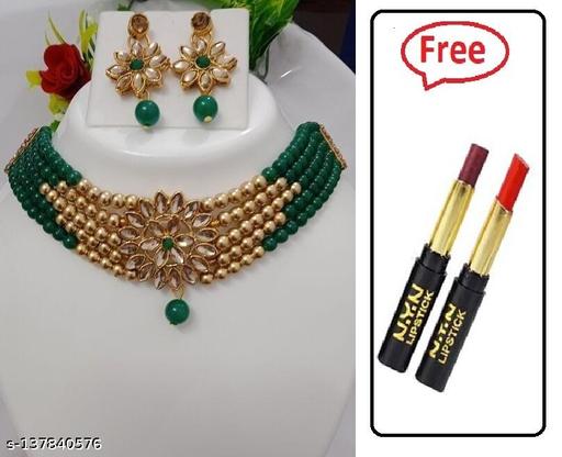Vinu-Alloy-Dark-Green-jewellery-set-with-2-NYN-lipstick