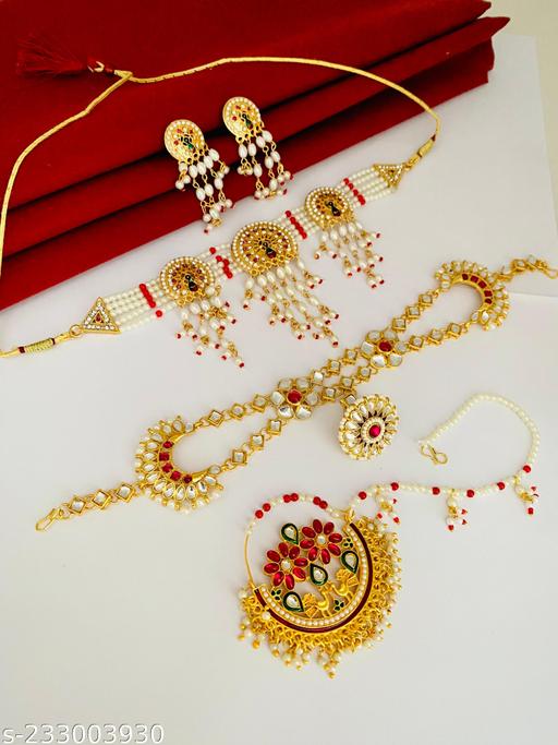 Traditional-Womens-Brass-Hair Maangtika-+-Choker-set-+-Nath-combo