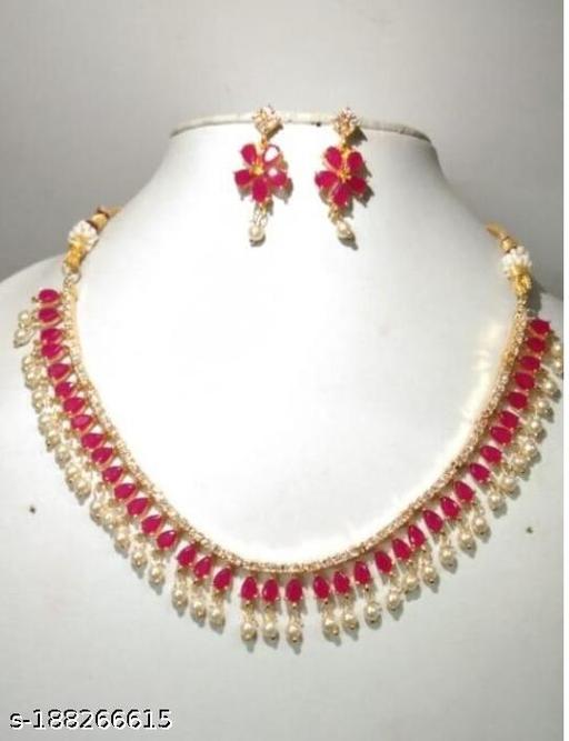 The-SRJ-Jewellery-Set-Gold-Plated-Red-floral-leaf-stone-studded-&-white-beaded-American-Diamond-Necklace-Set-with-Earrings-Jewellery-for-Women-&-Girls