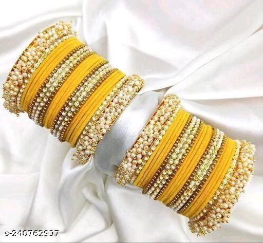 Arth RupaNon-Precious Metal Base, Metal Bangles with Velvet Work and Beads or Stone worked Metal kadaa/Kada Bangles Set Bridal Chooda | Chuda | Choora Set For Woman and Girls for Both Hands(Yellow) STYL008