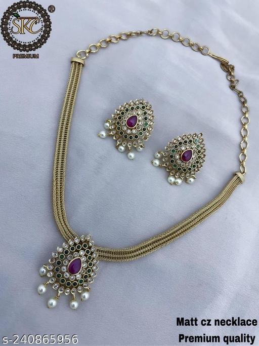 Premium-Quality-Matt-Gold-American-Diamond-Stone-Attigai/Necklace/Chocker-and-Earring-Set-Jewellery-Set