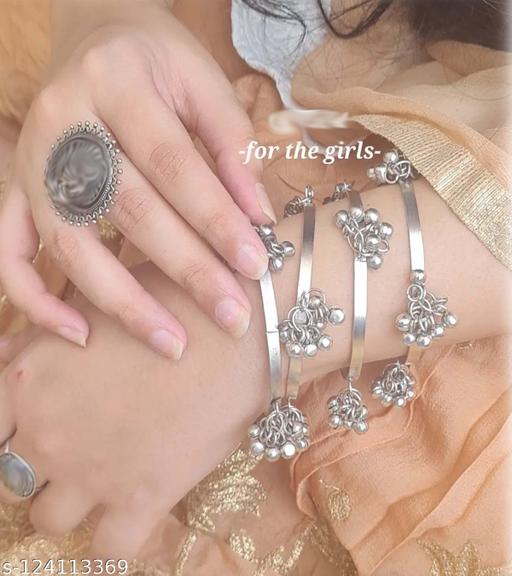 Paninaro Jewellery Silver Oxidised Ghungroo Bangle Four Pees for Women and Girls