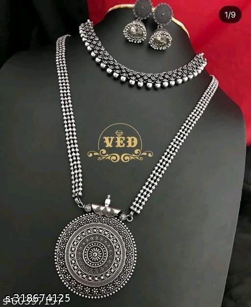 Beautiful-Oxodise-german-silver-2-necklace-combo(1-short-necklace-and-1-l-pandent-necklace)-set-with-jhumka-for-women-and-girls-by-Creative-Alankar