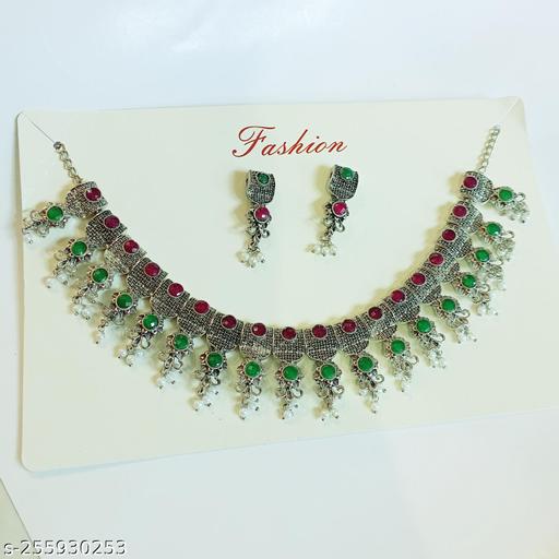 Oxidised-Silver-Necklace-Jewellery-Set-with-Earrings-for-Girls-and-Women-(Silver+Red+Green)