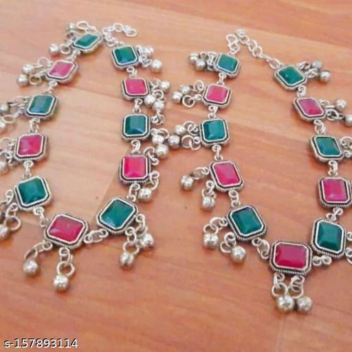 Trending pink green German Silver anklets for women and girls