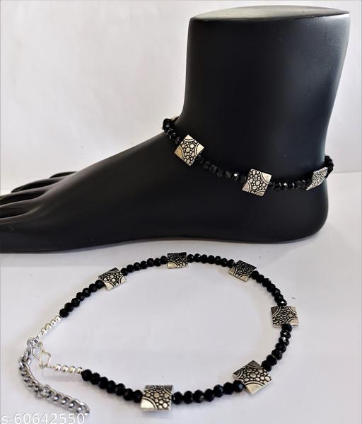 Trendy crystal anklets with oxidized charm for women