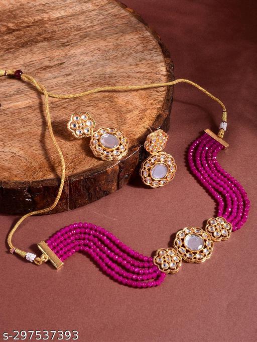 STEORRA-JEWELS-Gold-Plated-Magenta-&-White-Kundan-Studded-Jewellery-Set