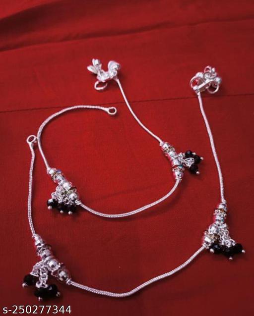 HABQO White Metal Anklets Payal Pair for Women,Silver Plating Attached Fashion Foot Jewellery