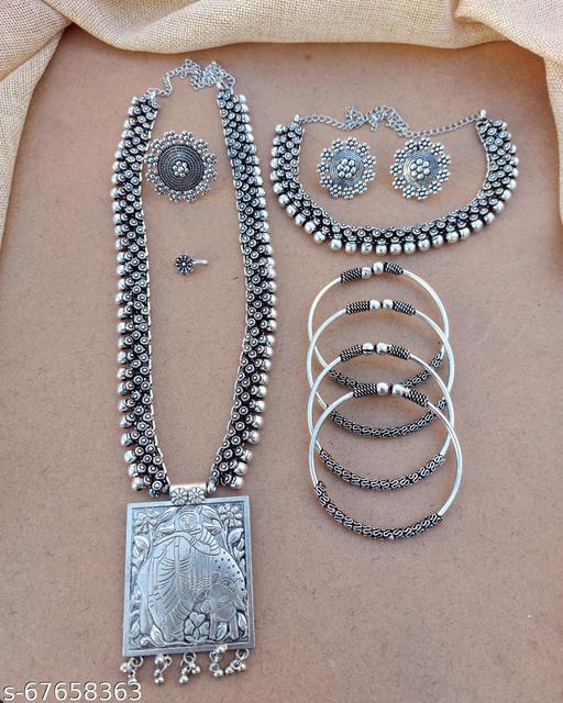 GERMAN-SILVER-BALL-CHAIN-PENDANT-NECKLACE-COMBO-SET/-GERMAN-SILVER-COMBO-SET-/-OXIDISED-COMBO-SET