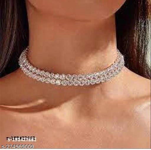Name:-Silver-Chain-Silver-Chain-Double-Line-Beautiful-Round-Shape-Choker-Necklace-Design-Diamond-Silver-Plated-Alloy-Choker-Diamond-Silver-Plated-Brass-Choker