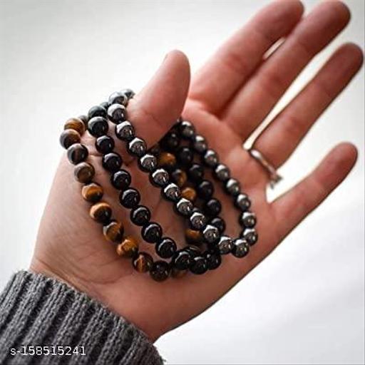 Set Of 3 Tiger's Eye Black Obsidian Hematite Triple Protection Crystal Bracelets For Men And Women