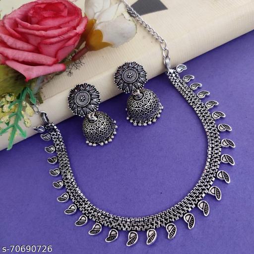 Minimal-Design-Silver-Oxidised-Necklace-and-Beautiful-Jhumka-Earrings