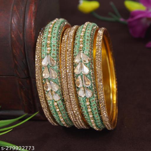 6 Pc. Mint Green Beads And Diamond Jewellery Work Bridal Lac Bangles Set For Women