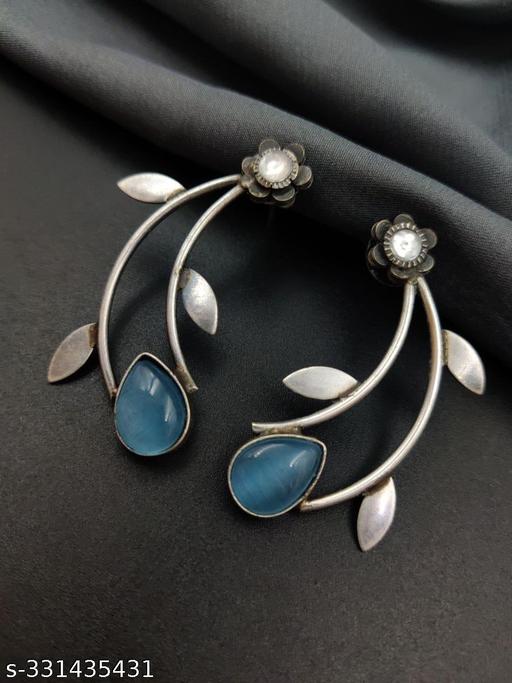 Hand Made Silver Replica Drop Shape Monalisa Stone Stud Leaf Style Earrings